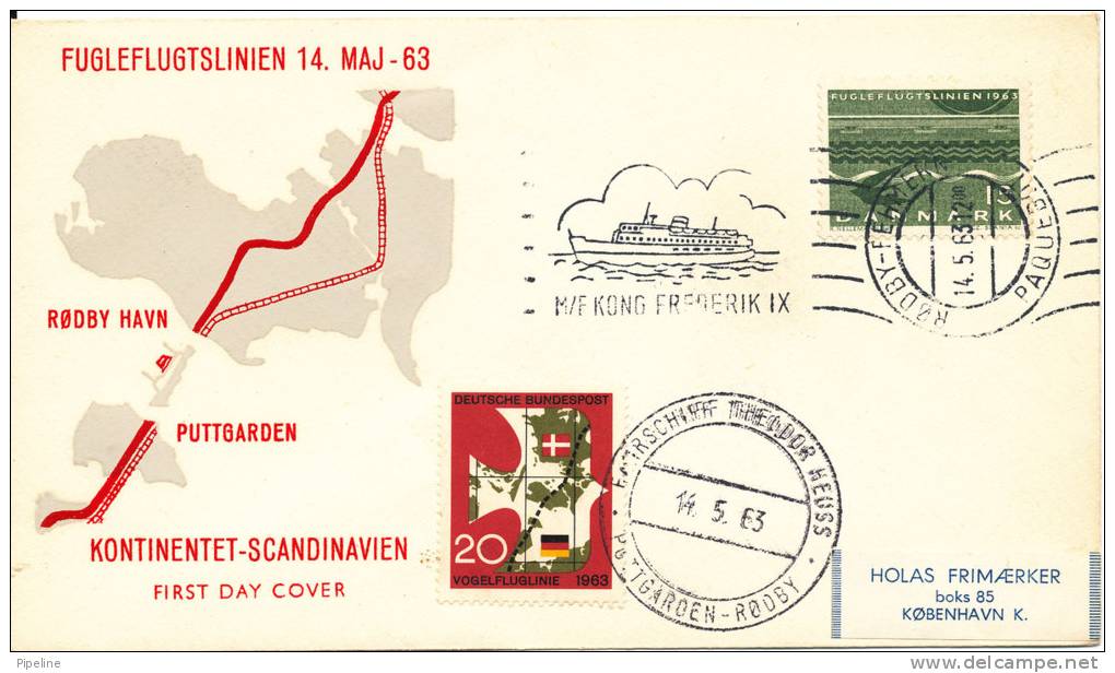 Denmark - Germany FDC 14-5-1963 Bee Line Rödby - Puttgarden M/F King Frederik IX Paquebot - FDC