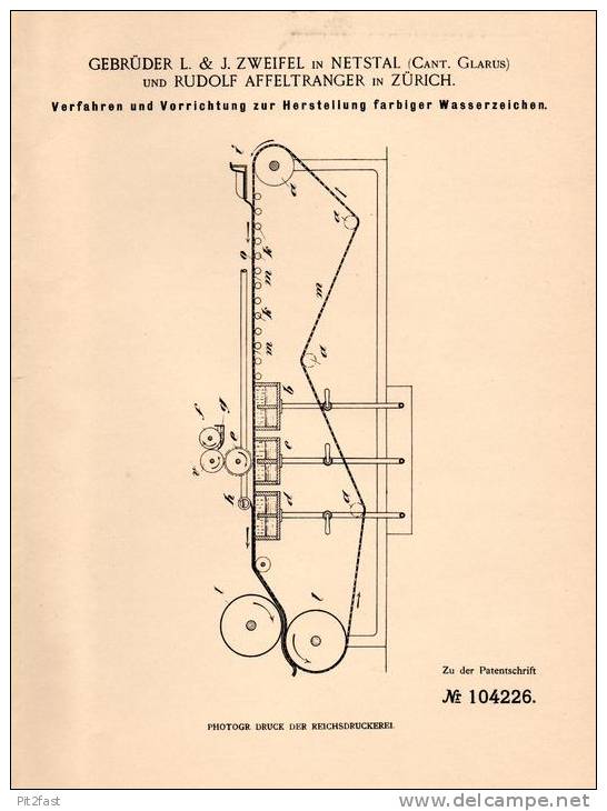 Original Patentschrift - Gebr. Zweifel In Netstal , Kanton Glarus , 1898 , Herstellung Farbiger Wasserzeichen , Papier ! - Netstal