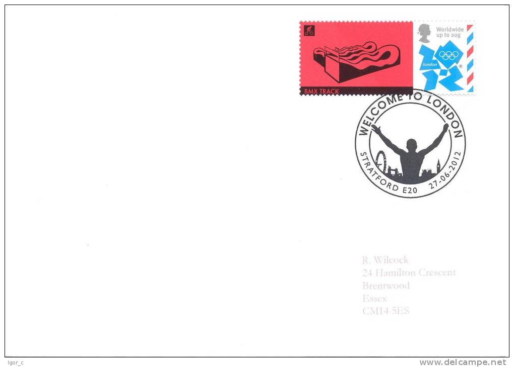 UK Olympic Games London 2012 Letter; Bmx Cycling Track Smiler Stamp, Welcome To London Cancellation - Sommer 2012: London