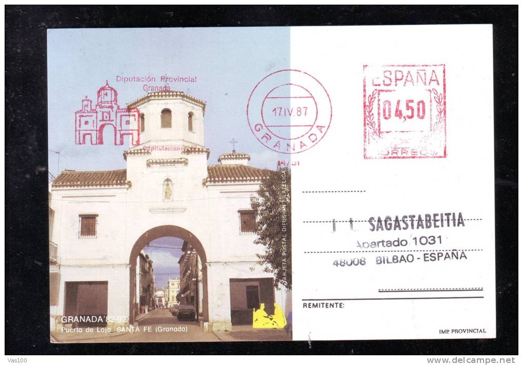 GRANADA, PUERTA DE LOJO, SANTA FE, CACHET RED ON POSTCARD, 04,05 PST, 1987, ESPANA - Nationalistische Censuur