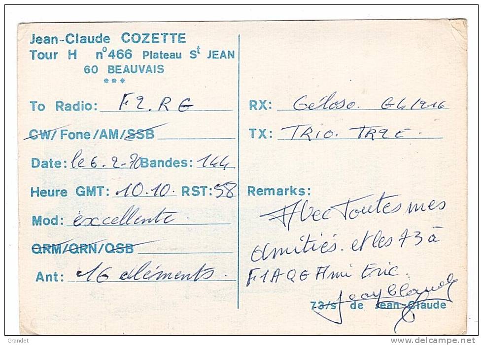 CARTE RADIO QSL - BEAUVAIS - OISE - 60 - 1970. - Radio-amateur