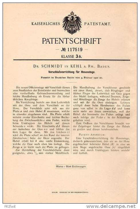 Original Patentschrift - Dr. Schmidt In Kehl A. Rh., 1900 , Verschluß Für Hosen , Hose , Leder , Schneiderei !!! - 1900-1940