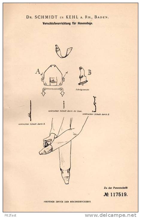 Original Patentschrift - Dr. Schmidt In Kehl A. Rh., 1900 , Verschluß Für Hosen , Hose , Leder , Schneiderei !!! - 1900-1940