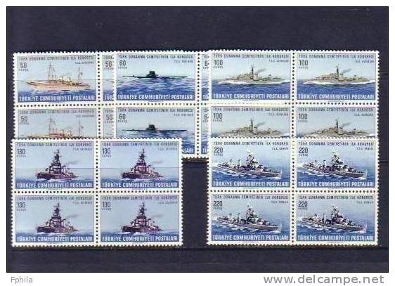 1965 TURKEY 1ST CONGRESS OF TURKISH NAVAL SOCIETY SHIPS BLOCK OF 4 MNH ** - Duikboten