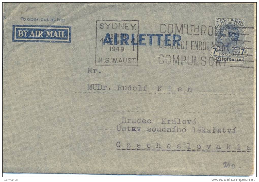 AUSTRALIE AIRLETTER OMec SYDNEY 22 AUG 1949 - Aerograms