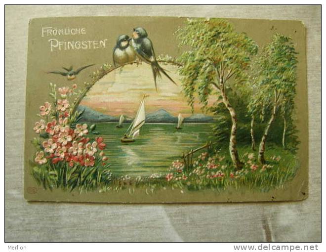 Pentecost  Card  Pfingsten - -embossed En Relief   Schwalbe - Flowers   -  Ca 1905 -   D91914 - Pinksteren