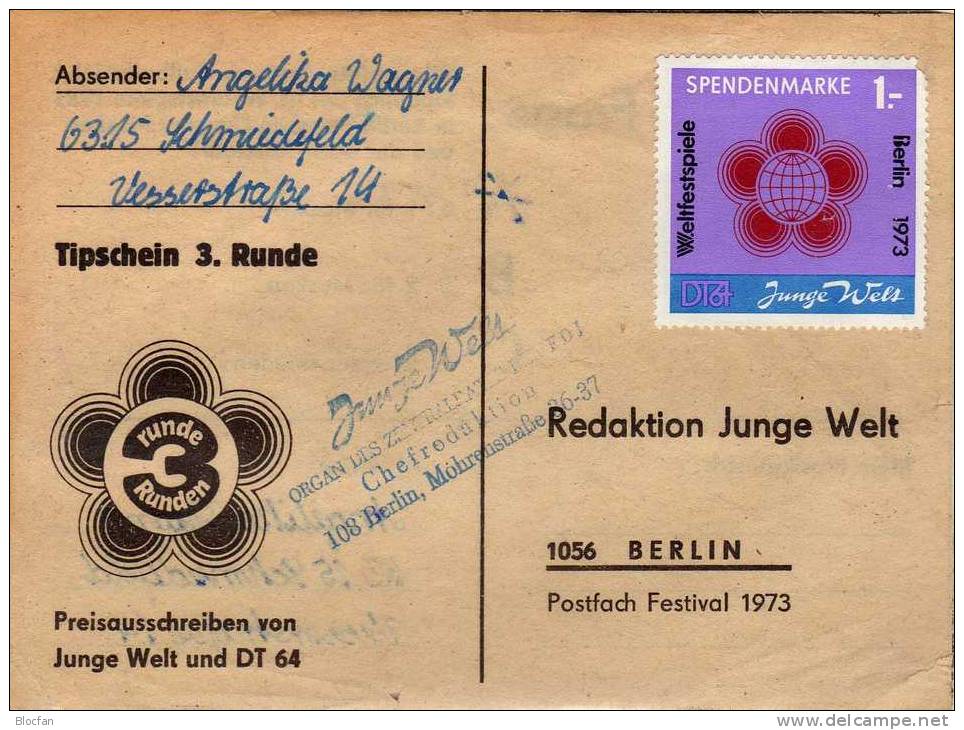 Weltfestspiele Spendenwert Berlin 1973 DDR Offizielle Spenden-Marke Michel #2 O 30€ Auf JW-Postkarte Zur 3.Runde Violett - Lettres & Documents