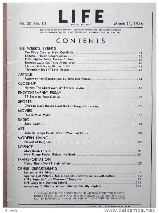 Magazine LIFE - MARCH  11 , 1946   -  1/-      (2969) - News/ Current Affairs