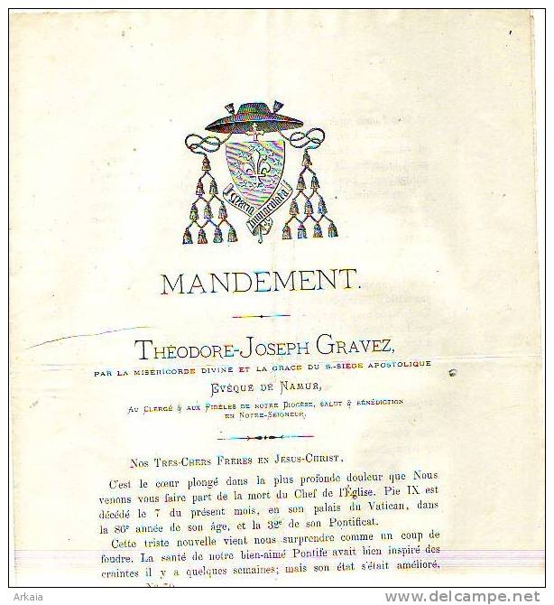 Namur - 1878 - Religion - Lettre Pastorale - Théodore-Joseph Gravez, évêque De Namur - Zonder Classificatie