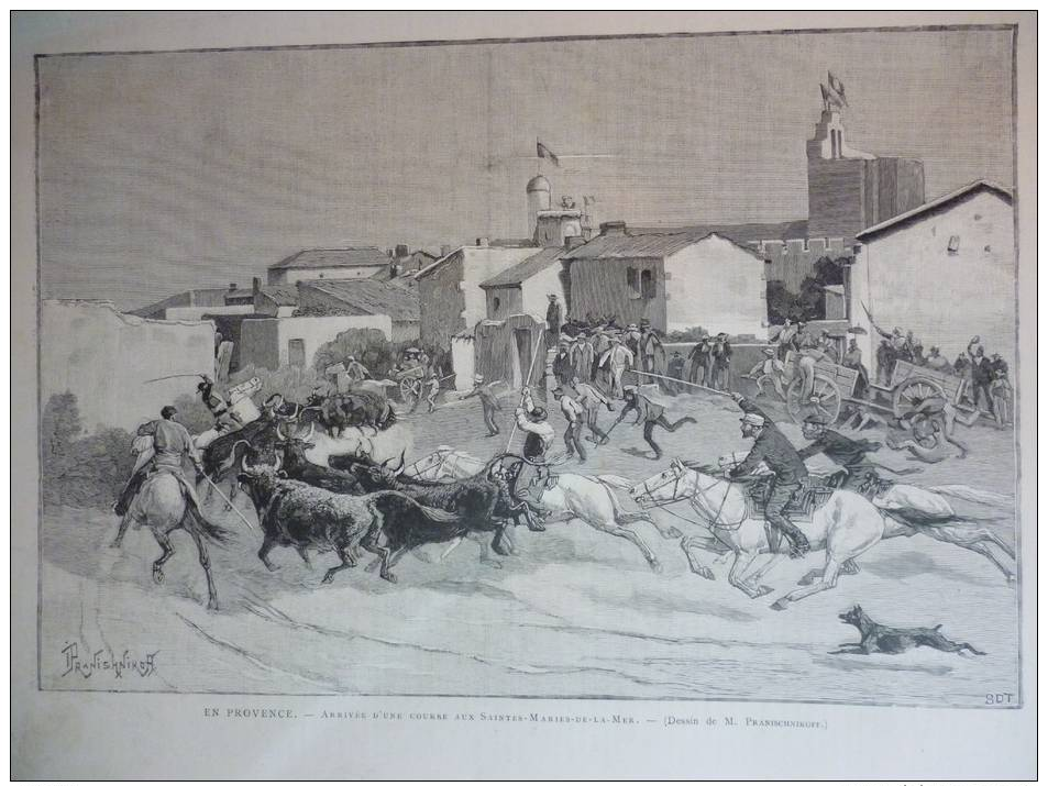 Provence , Arrivée Course Aux Saintes Maries De La Mer , Chevaux , Taureaux ,gravure D'aprés Dessin Pranischnikoff 1887 - Historical Documents