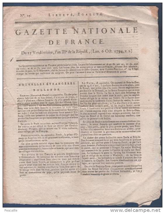 GAZETTE NATIONALE DE FRANCE 6 10 1794 - HOLLANDE - ALLEMAGNE - DUGOMMIER - PALAIS NATIONAL - CERTIFICAT DE CIVISME - Zeitungen - Vor 1800