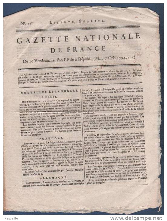 GAZETTE NATIONALE DE FRANCE 07 10 1794 - RUSSIE - ALLEMAGNE - JULIERS GILLET - JOURDAN - CONVENTION NATIONALE CARNOT - Zeitungen - Vor 1800