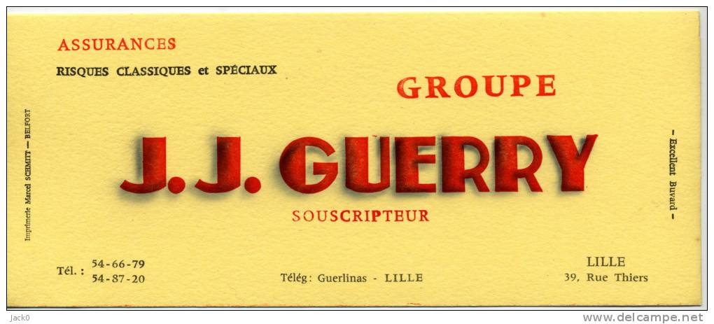 Buvard   ASSURANCES,  Groupe  J.J. GUERRY  à  LILLE  39, Rue  Thiers - Colecciones & Series