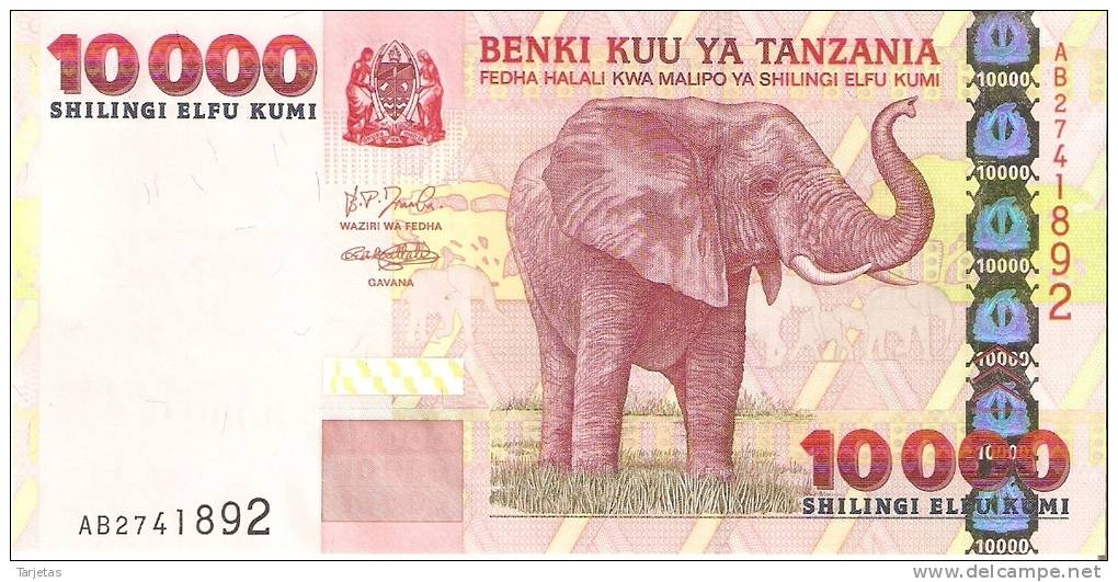 BILLETE DE TANZANIA DE 10000 SHILINGI DE UN ELEFANTE SIN CIRCULAR-UNCIRCULATED  (ELEPHANT) (BANKNOTE) - Tanzanie