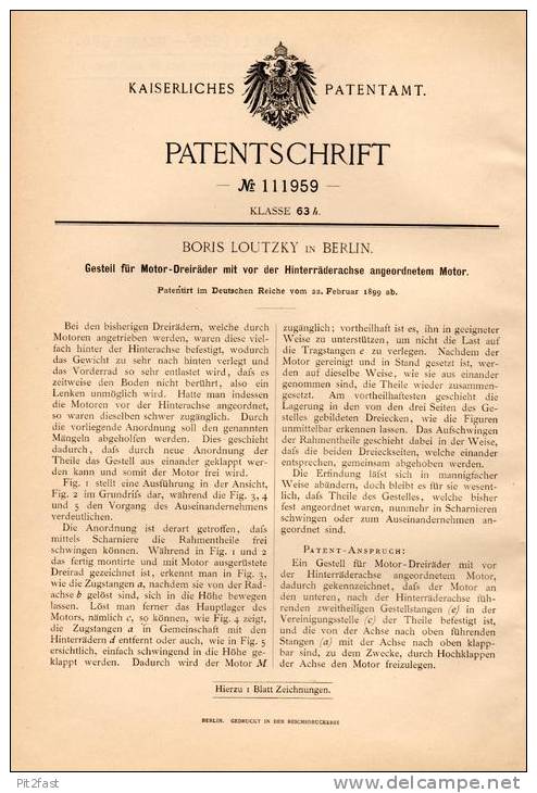 Original Patentschrift - B. Loutzky In Berlin , 1899 , Gestell Für Motor - Dreiräder , Motorrad , Trike Mit Heckmotor !! - Motorräder