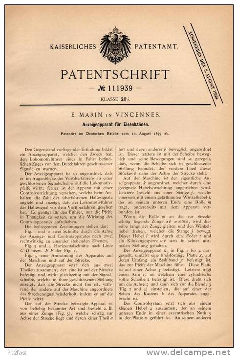 Original Patentschrift - E. Marin In Vincennes , 1899 , Anzeigeapparat Für Eisenbahn , Lokomotive !!! - Historische Dokumente