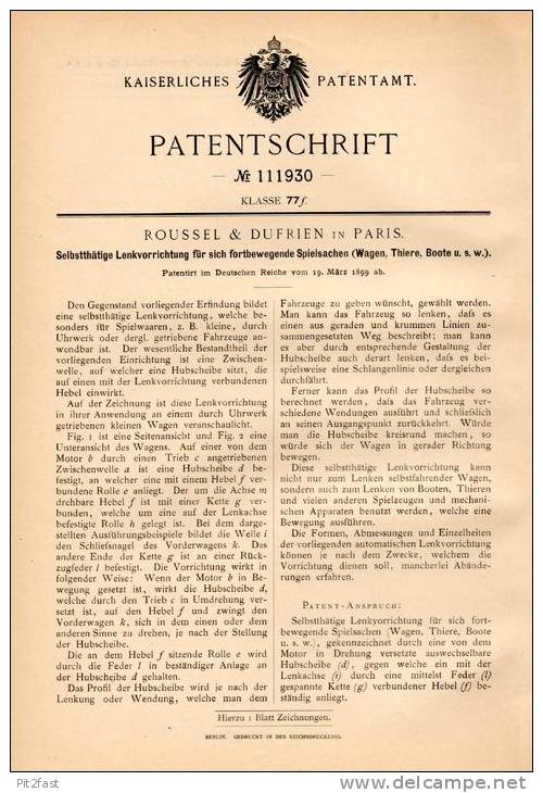 Original Patentschrift - Roussel & Dufrien In Paris , 1899 , Lenkung Für Spielzeug , Tiere , Boote , Wagen !!! - Toy Memorabilia