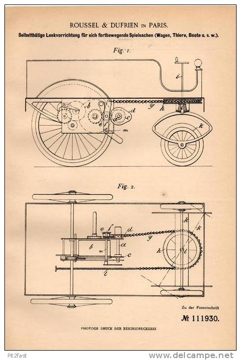 Original Patentschrift - Roussel & Dufrien In Paris , 1899 , Lenkung Für Spielzeug , Tiere , Boote , Wagen !!! - Toy Memorabilia