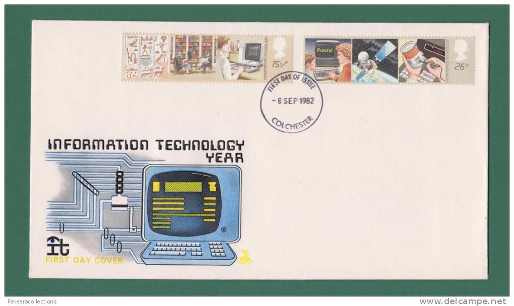 GB GREAT BRITAIN 1982 - INFORMATION TECHNOLOGY - 2V FDC  EMBOSSED - COMPUTERS , IT, SPACE SATELLITE , BARCODE  - AS SCAN - Informática