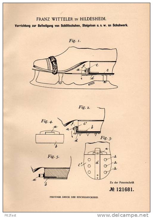 Original Patentschrift - F. Witteler In Hildesheim , 1900 , Befestigung Für Schlittschuhe Und Steigeisen !!! - Winter Sports