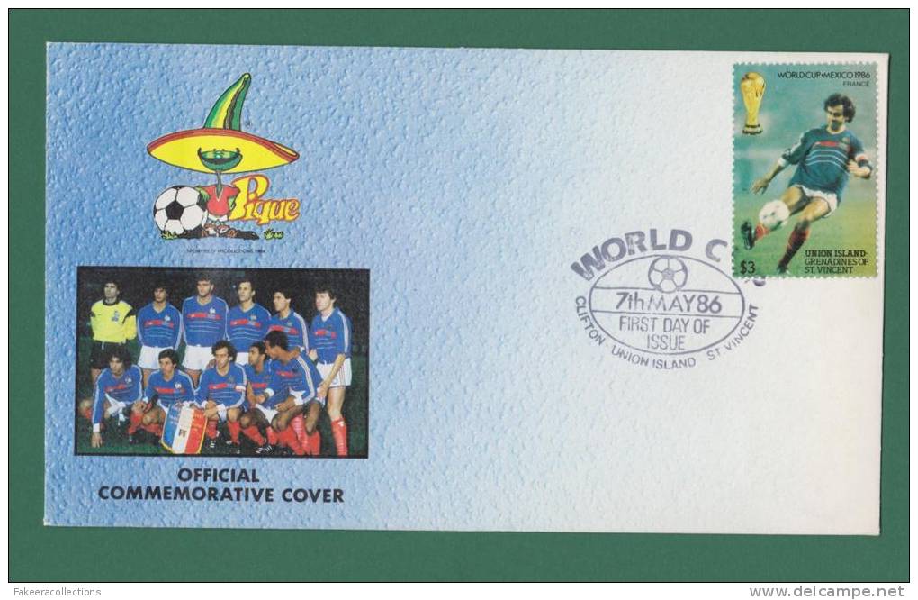 UNION ISLAND 1986 ST. VINCENT - WORLD CUP MEXICO 86 - FDC - FRANCE , FOOTBALL , SOCCER TEAM , FIFA , TROPHY - AS SCAN - 1986 – México