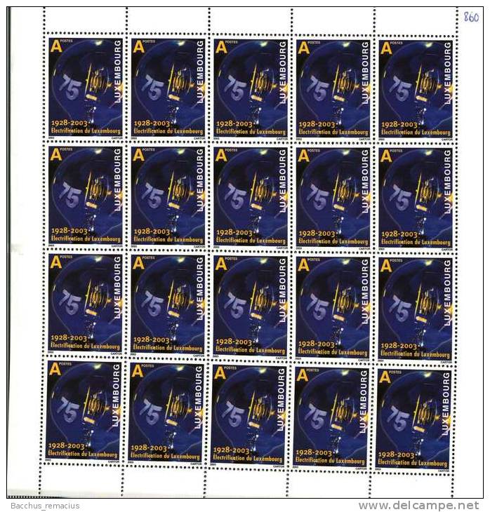 Luxembourg Feuille De 20 Timbres "A" 75. Anniversaire Electrification Du Luxembourg 1928 - 2003 - Full Sheets