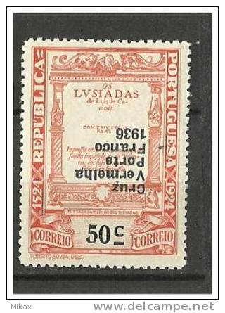 PORTUGAL -  1936 -  50c  Luis De Camoes - MLH - Red Cross -  Inverted Surcharge - No Faults - Unused Stamps