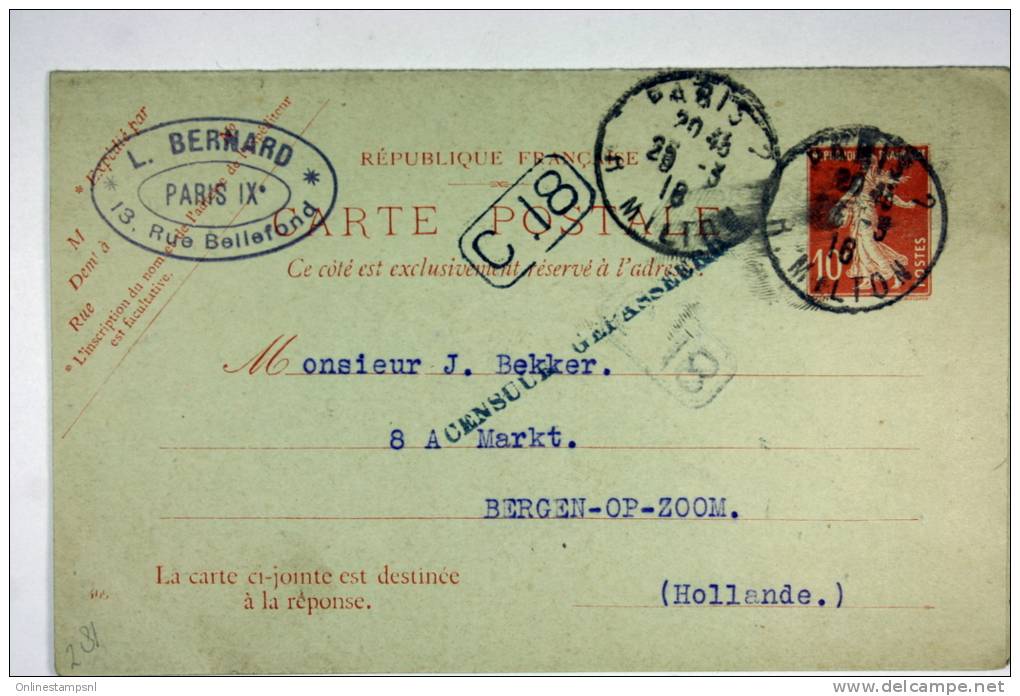 France Mars 1916 Paris A Bergen Op Zoom Pays Bas, Cachet Censuur Gepasseerd A Pays Bas - Cartoline Postali E Su Commissione Privata TSC (ante 1995)