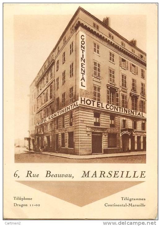 MARSEILLE HOTEL CONTINENTAL 6 RUE BEAUVAU DEPLIANT PUBLICITAIRE + PLAN 13 - Publicités