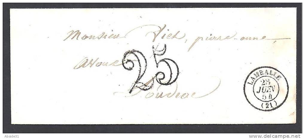 COTES DU NORD - Cachet Type 15 De LAMBALLE + Taxe 25  Sur Enveloppe De 1854 - 1849-1876: Klassik