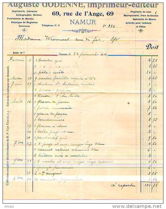 Namur - 1912 - Auguste Godenne - Imprimeur-éditeur - Papeterie Centrale - Printing & Stationeries