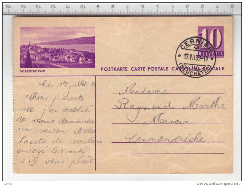 Entier Postal / Ganzsache - Wädenswil (1939) - Entiers Postaux