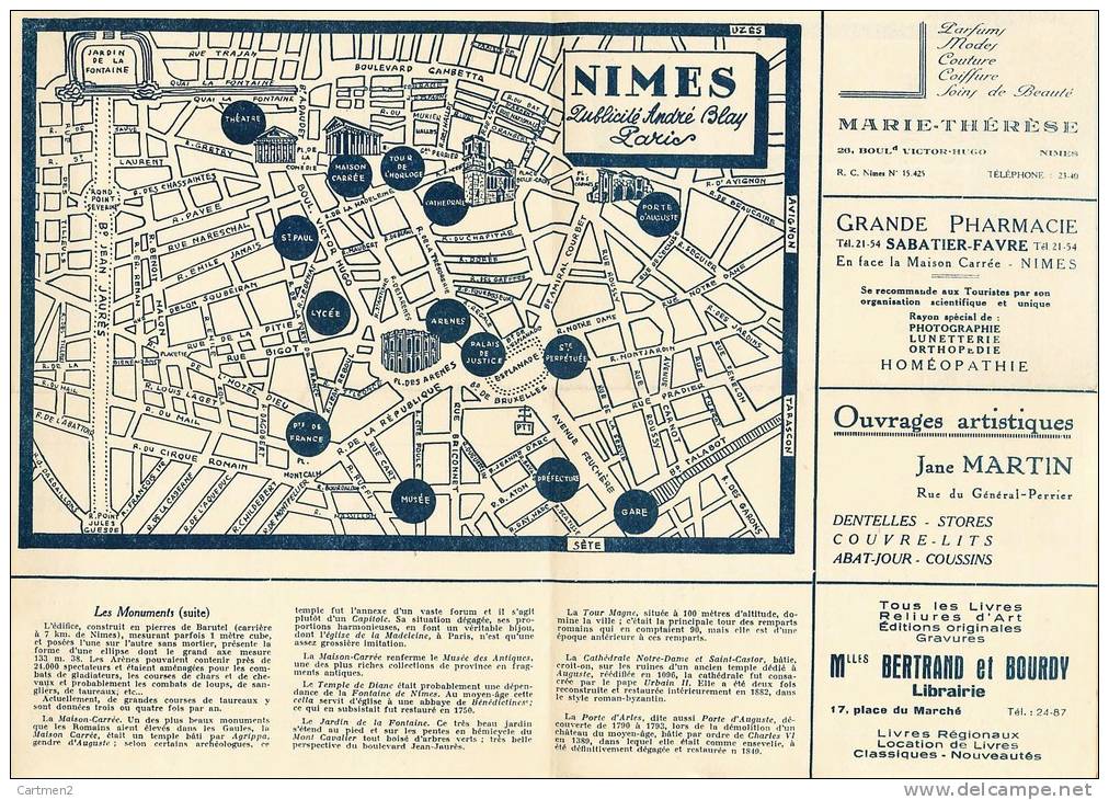 PLAN MONUMENTALE DE NIMES GRAND HOTEL DU CHEVAL BLANC 30 GARE CARTE GEOGRAPHIQUE PUBLICITE KODAK PATISSERIE... - Topographical Maps