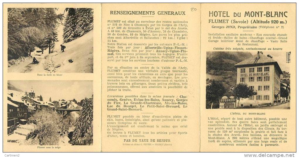 FLUMET HOTEL DU MONT-BLANC DEPLIANT PUBLICITE LES ARAVIS PLAN 73 SAVOIE - Publicités