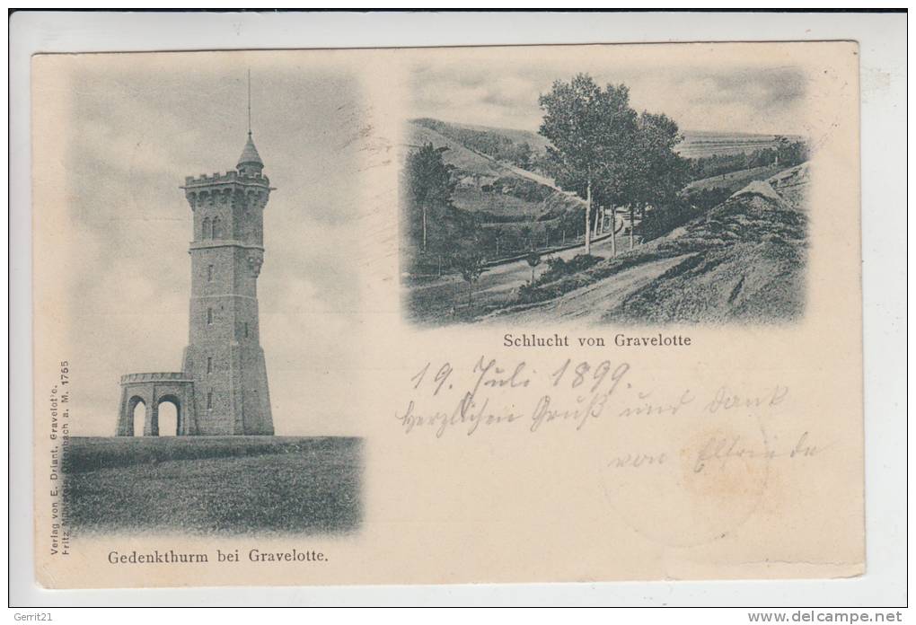 F 57130 GRAVELOTTE, Gedenkturm & Schlucht 1899 Nach Elsenborn,  Briefmarke Fehlt - Ars Sur Moselle