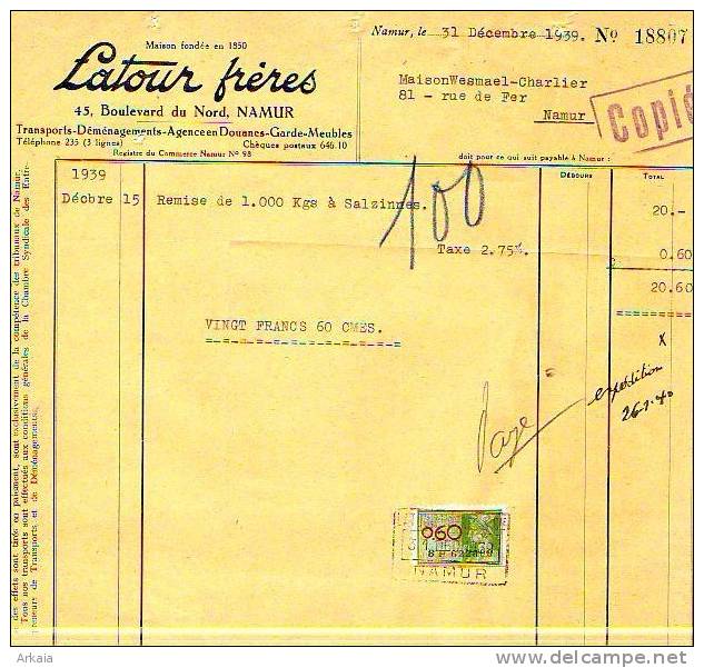 Namur - 1939 - Latour Frères - Transports-déménagements-agences En Douanes-garde- - Trasporti