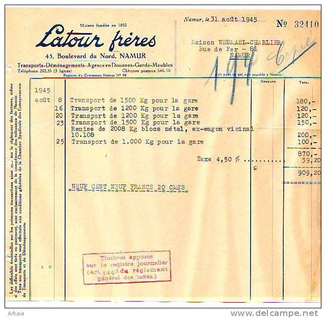 Namur - 1945 - Latour Frères - Transports-déménagements- Agences En Douanes-garde- - Trasporti