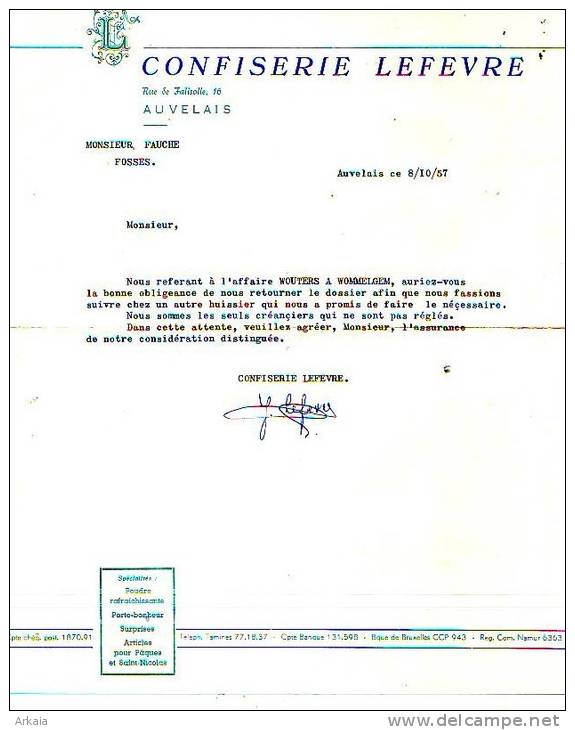 Auvelais - 1957 - Confiserie Lefevre - Alimentare