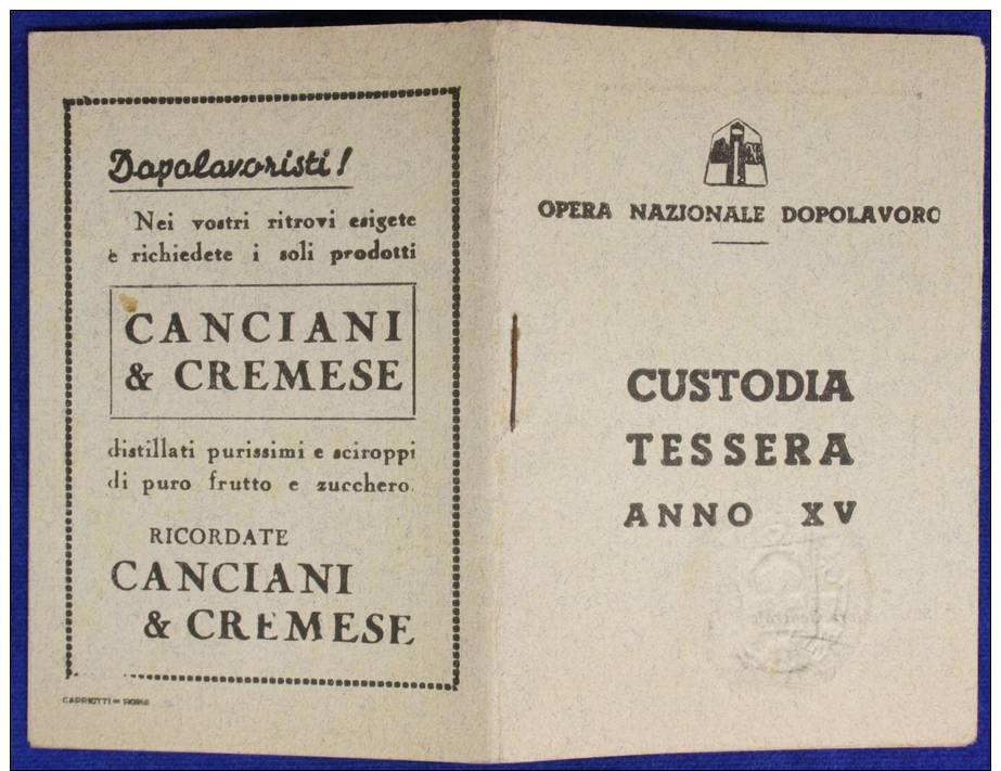 TESSERA FASCISTA Agente Ferroviario CON CUSTODIA OND ANNO XV BOLOGNA #T35 - Documenti Storici