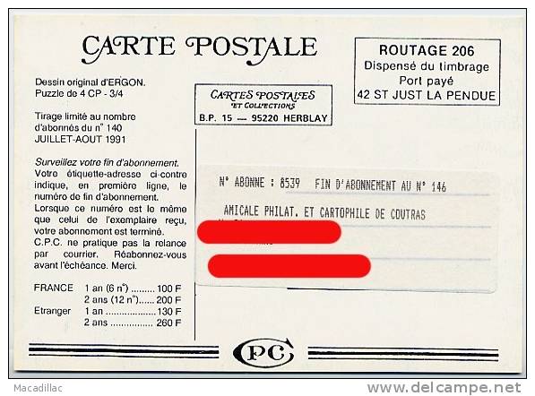 Carte Postale PUZZLE  3/4 Cp - Dessin D'ERGON - Ergon