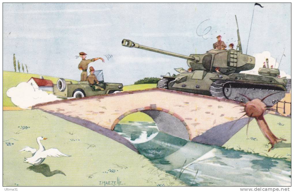 CPSM MILITARIA MILITAIRES HUMOUR TANK CHAR JEEP PONT  CYGNE DESSIN MAEZELLE - Humor