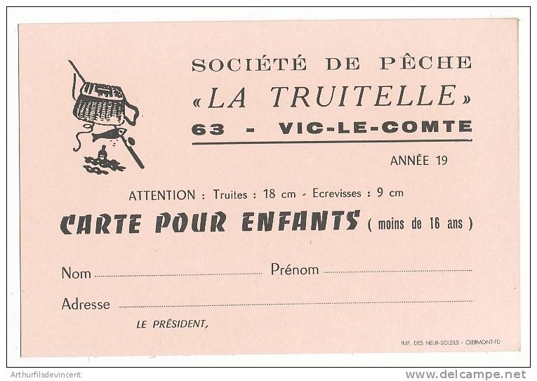 CARTE DE PËCHE POUR ENFANTS AN -1950--8X 12CM - Vic Le Comte