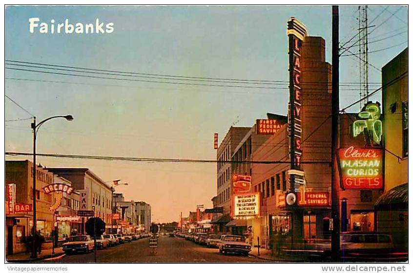 206727-Alaska, Fairbanks, Second Avenue, Sunset View, Nordale Hotel, Lacey St Theater, 60s Cars - Fairbanks