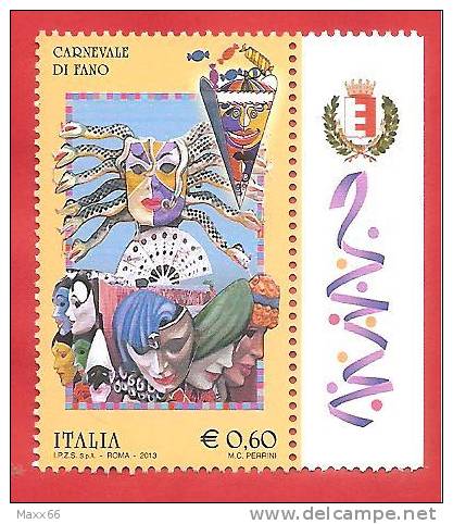 ITALIA REPUBBLICA SINGOLO CON BANDELLA DX VIOLA  - 2013 - Folclore Italiano - Carnevale Di Fano  - € 0,60 - 2011-20:  Nuevos