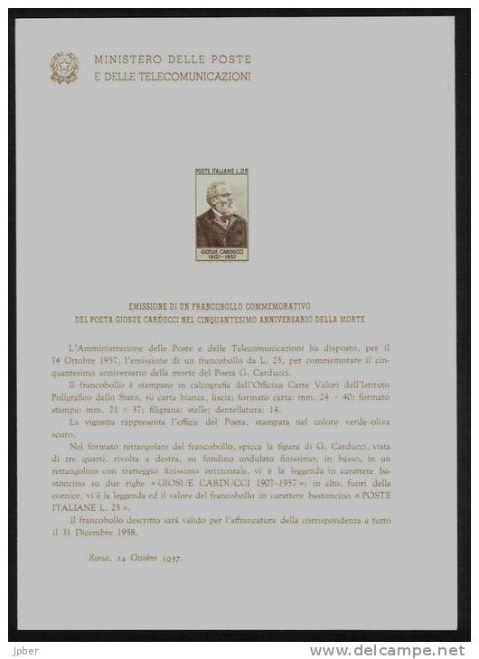 (J065) Italie - Bollettino 31 - Giosue Carducci - Poète - Prix Nobel De Littérature - Cartes Philatéliques