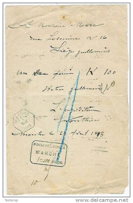 Poids Reconnu A MARCHE  100 Kilos + Cachet Hexagonale MARCHE 1 MAI 1893 - Documents & Fragments