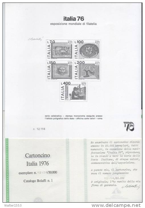 Italia Repubblica 1976 Foglietto Esposizione Filatelica 76 Certificato Autenticità Bolaffi RARO !!! - Variétés Et Curiosités