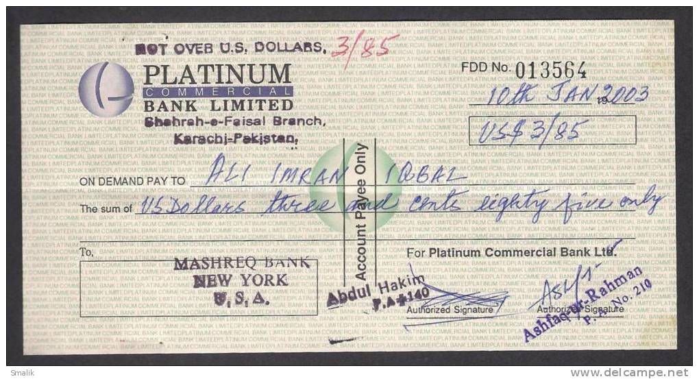 PAKISTAN Cheque Platinum Bank Karachi 10-1-2003 - Bank & Insurance