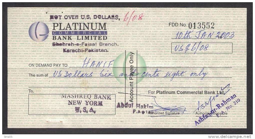 PAKISTAN Cheque Platinum Bank Karachi 10-1-2003 - Bank & Insurance