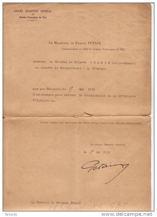 Pétain Document D´époque 1919 Du Quartier Général Des Armées Ordre De Commandement Signé Par Pétain Le 19 Mai 1919 - Documents